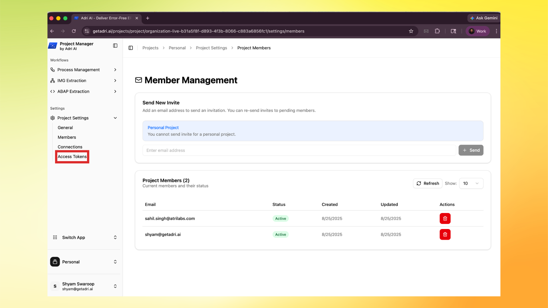 Open Access Tokens in Project Settings