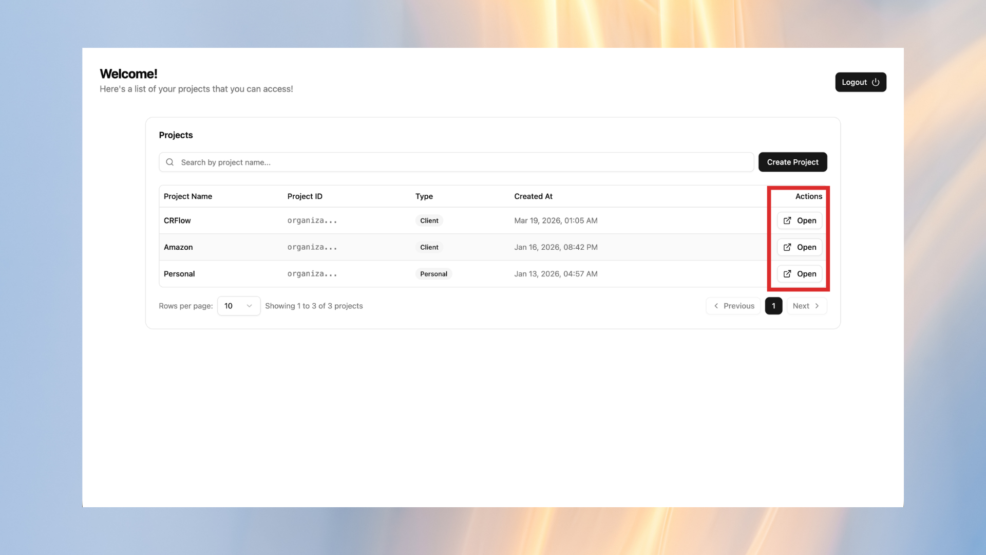 Click Open for your project