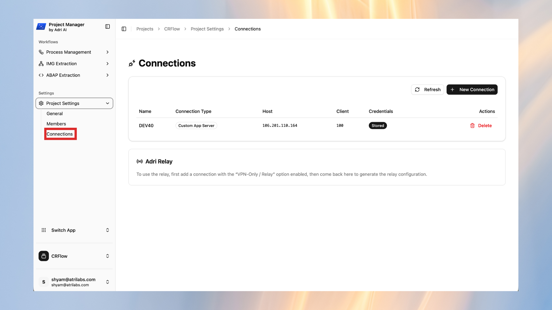 Open Connections from Project Settings