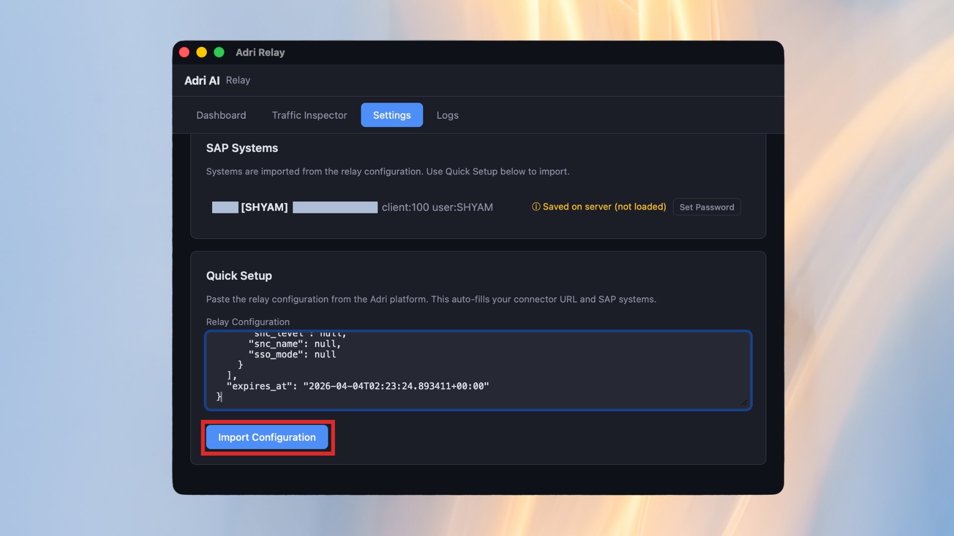 Click Import Configuration