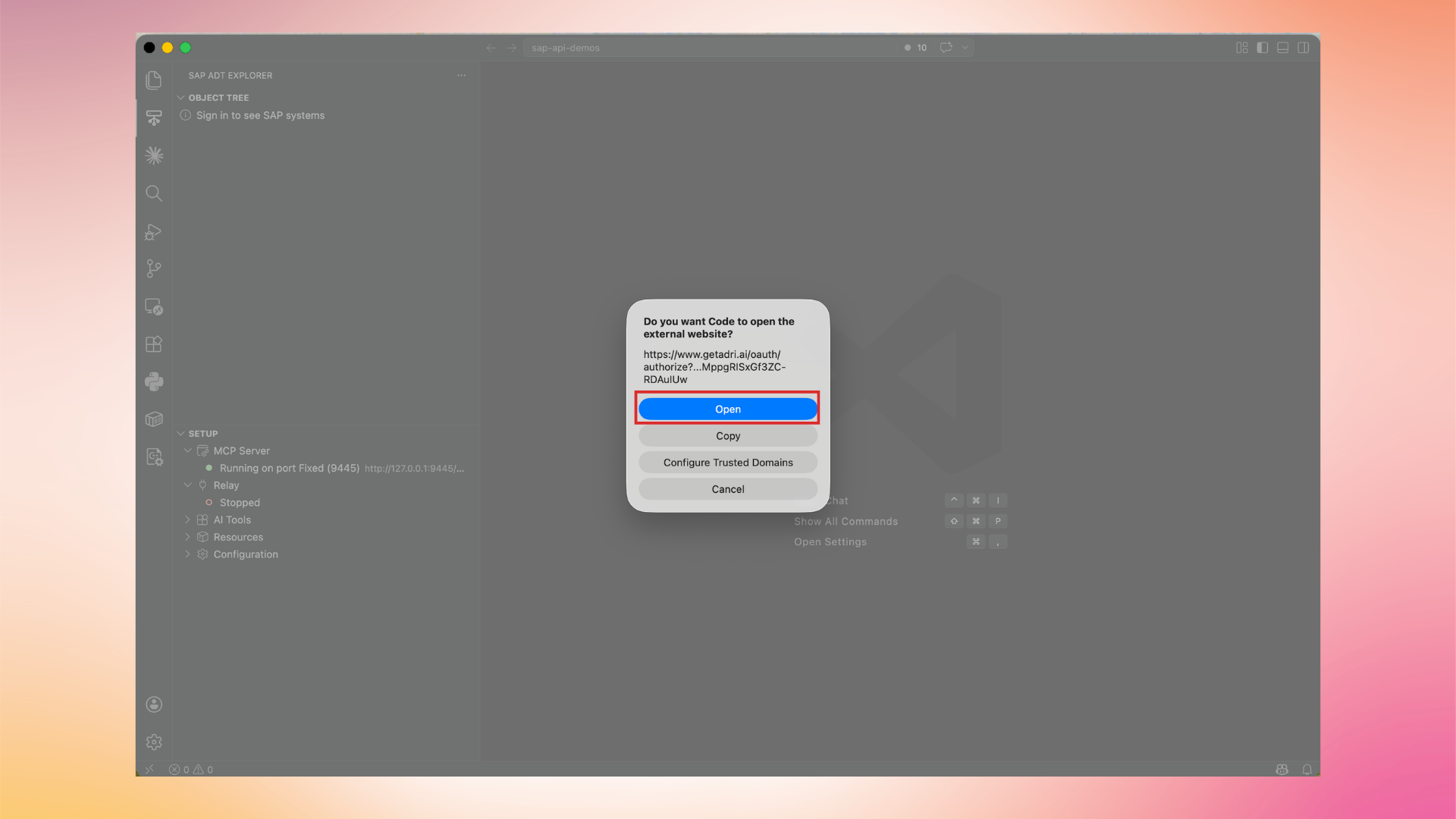 Allow VS Code to open the Adri AI authorization URL