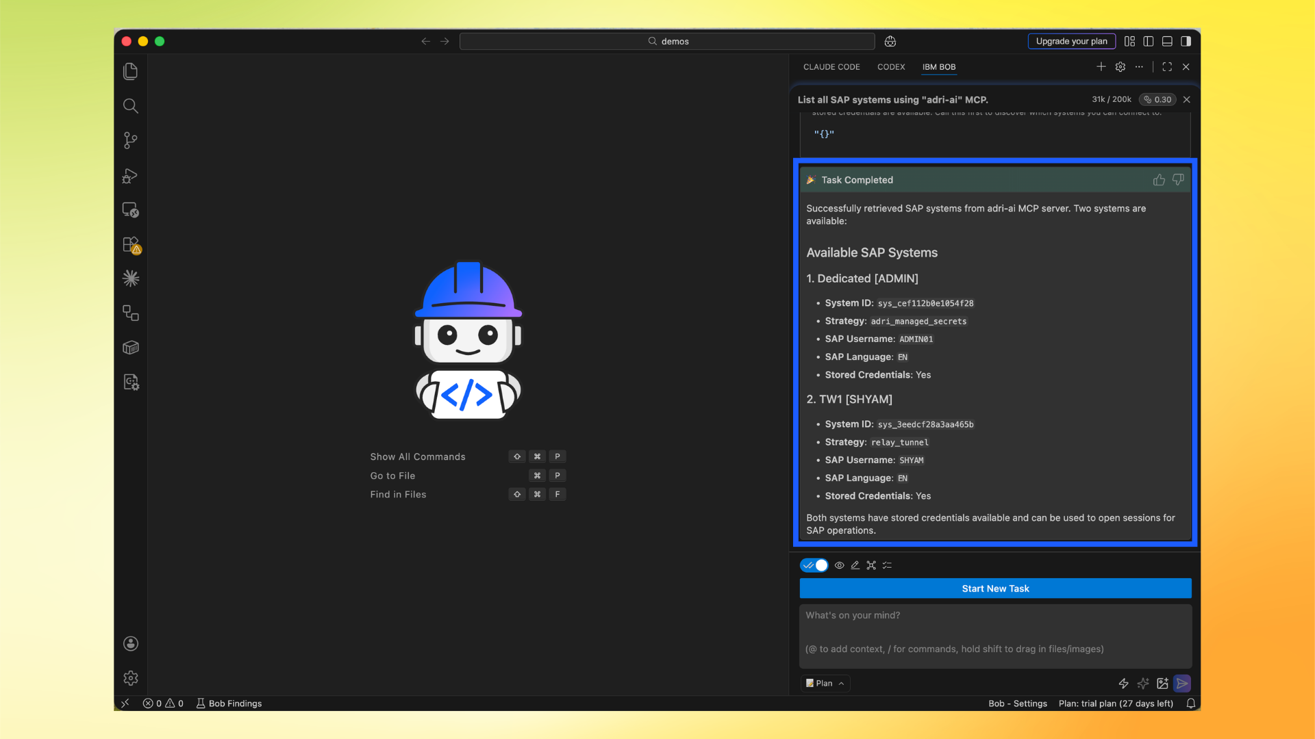Verify SAP systems response from Adri MCP in IBM Bob