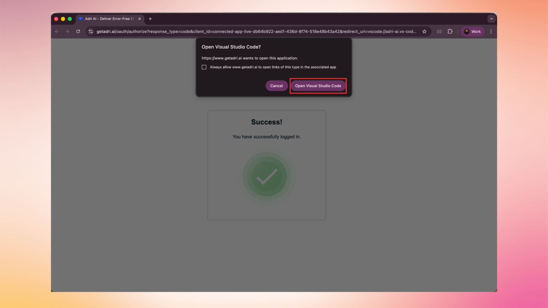 Click Open Visual Studio Code on the Success page