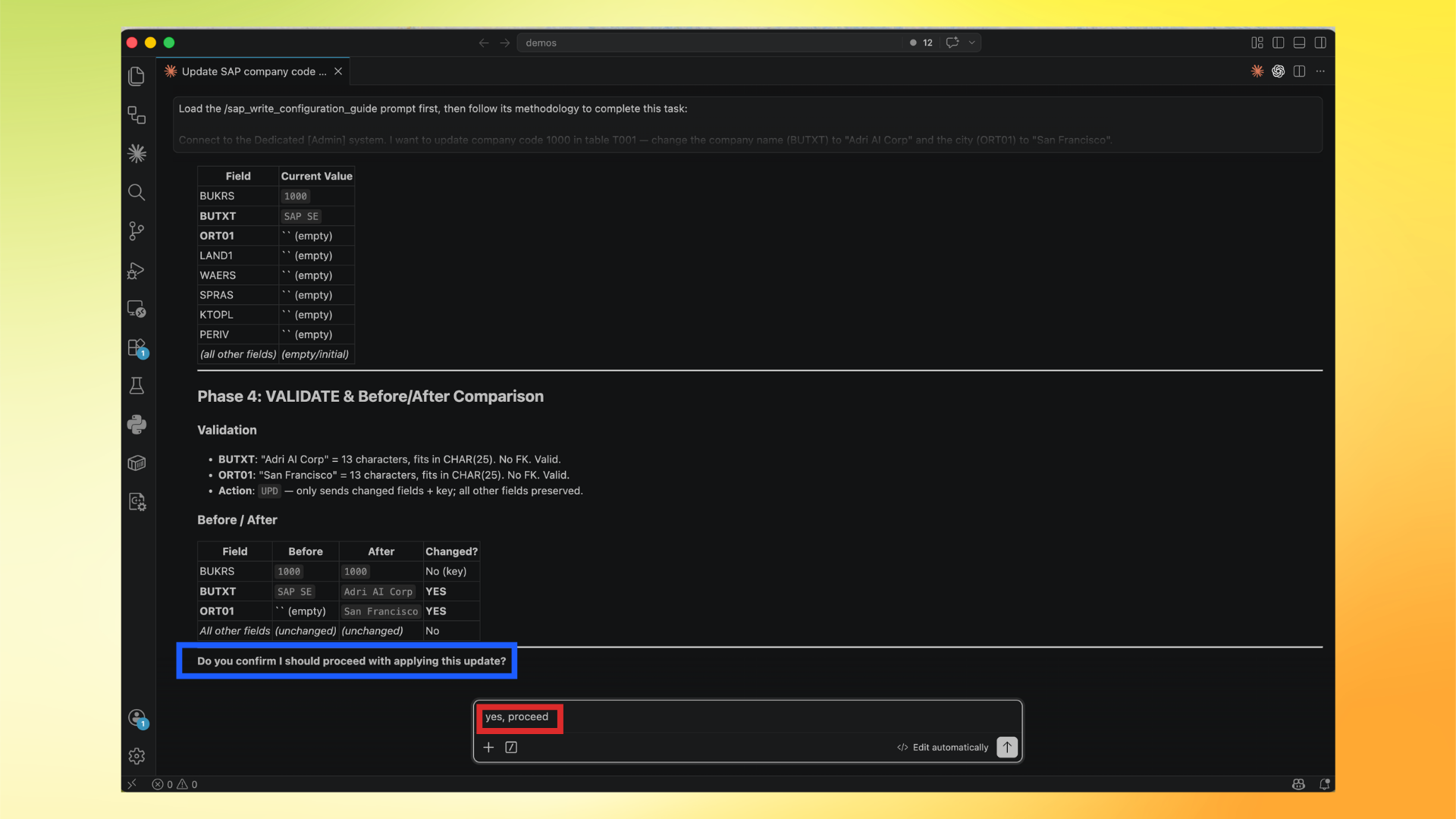 Review validation and confirm with yes, proceed