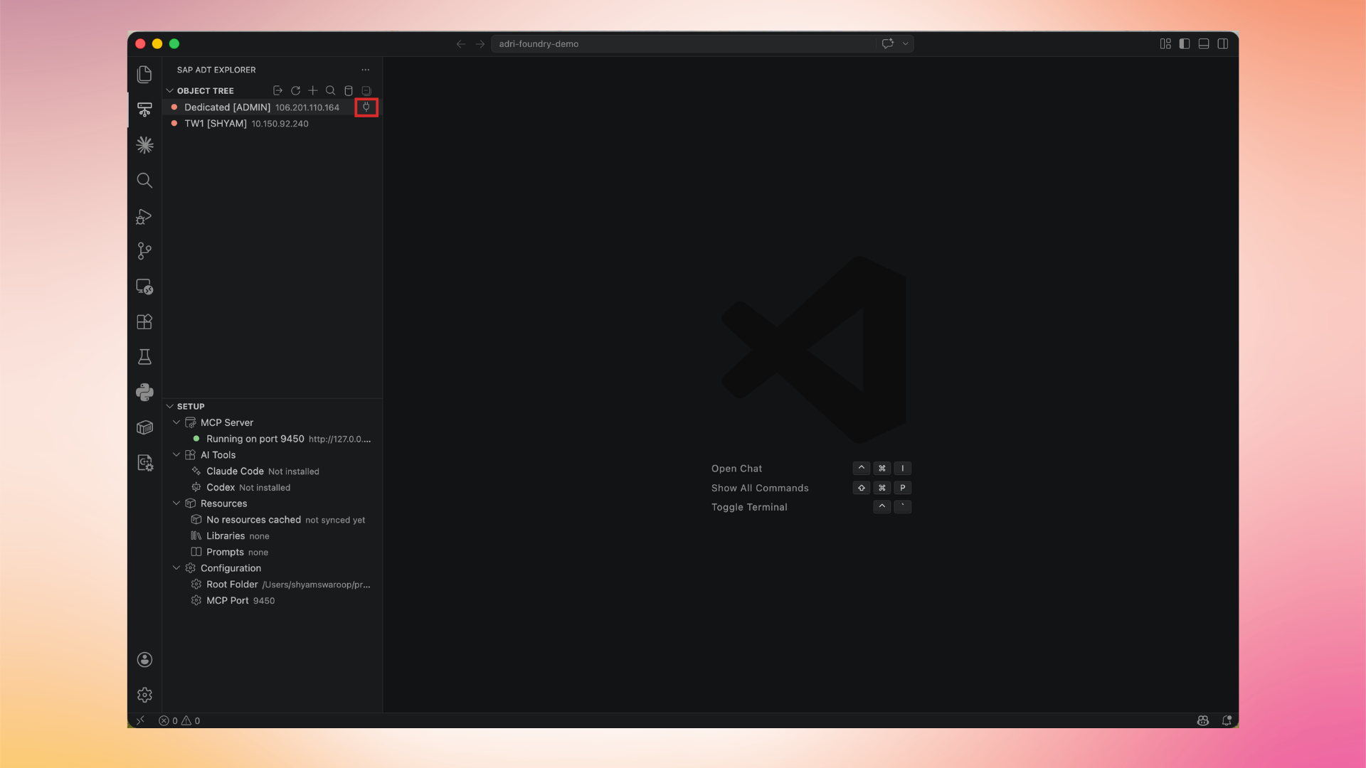 Click the connect icon next to a SAP system