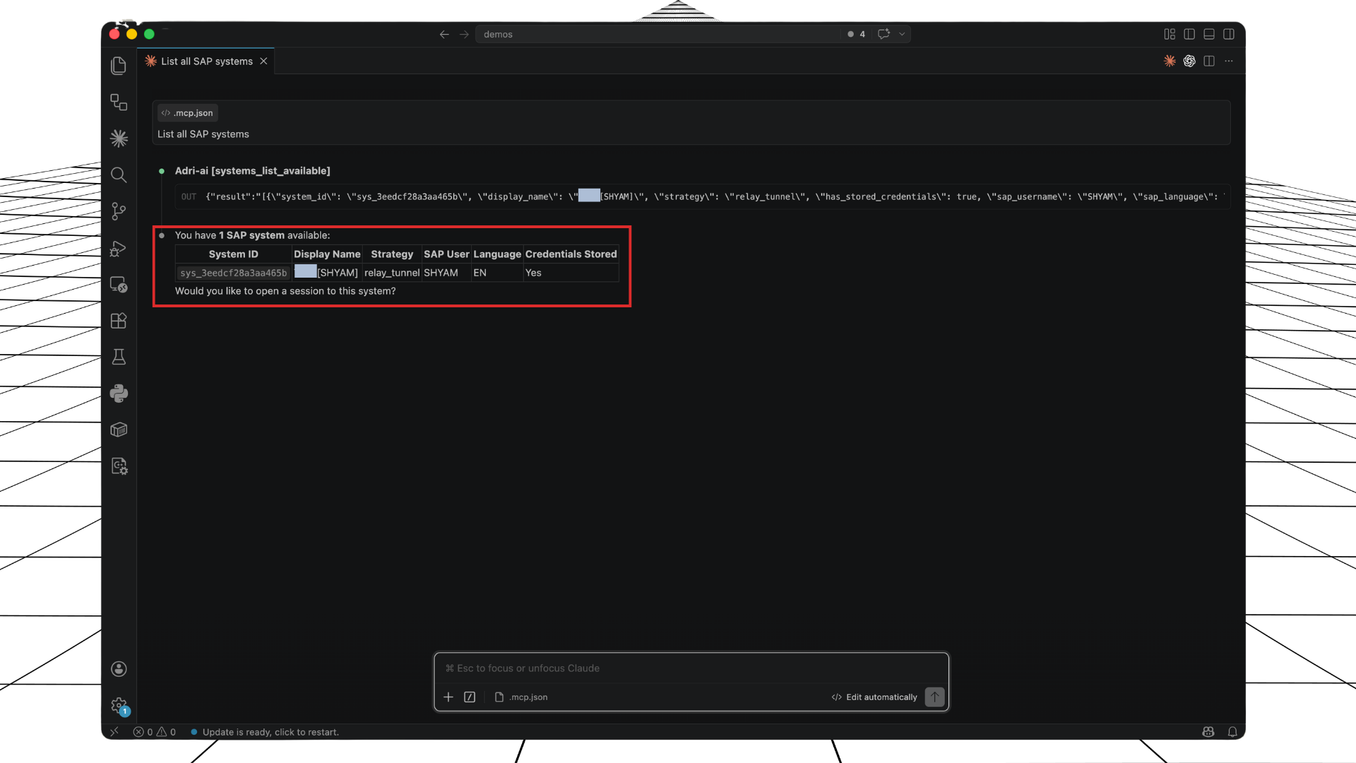 Successful response showing available SAP systems