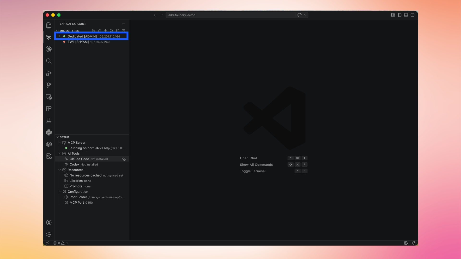 Connected SAP system shown as expandable in the Object Tree
