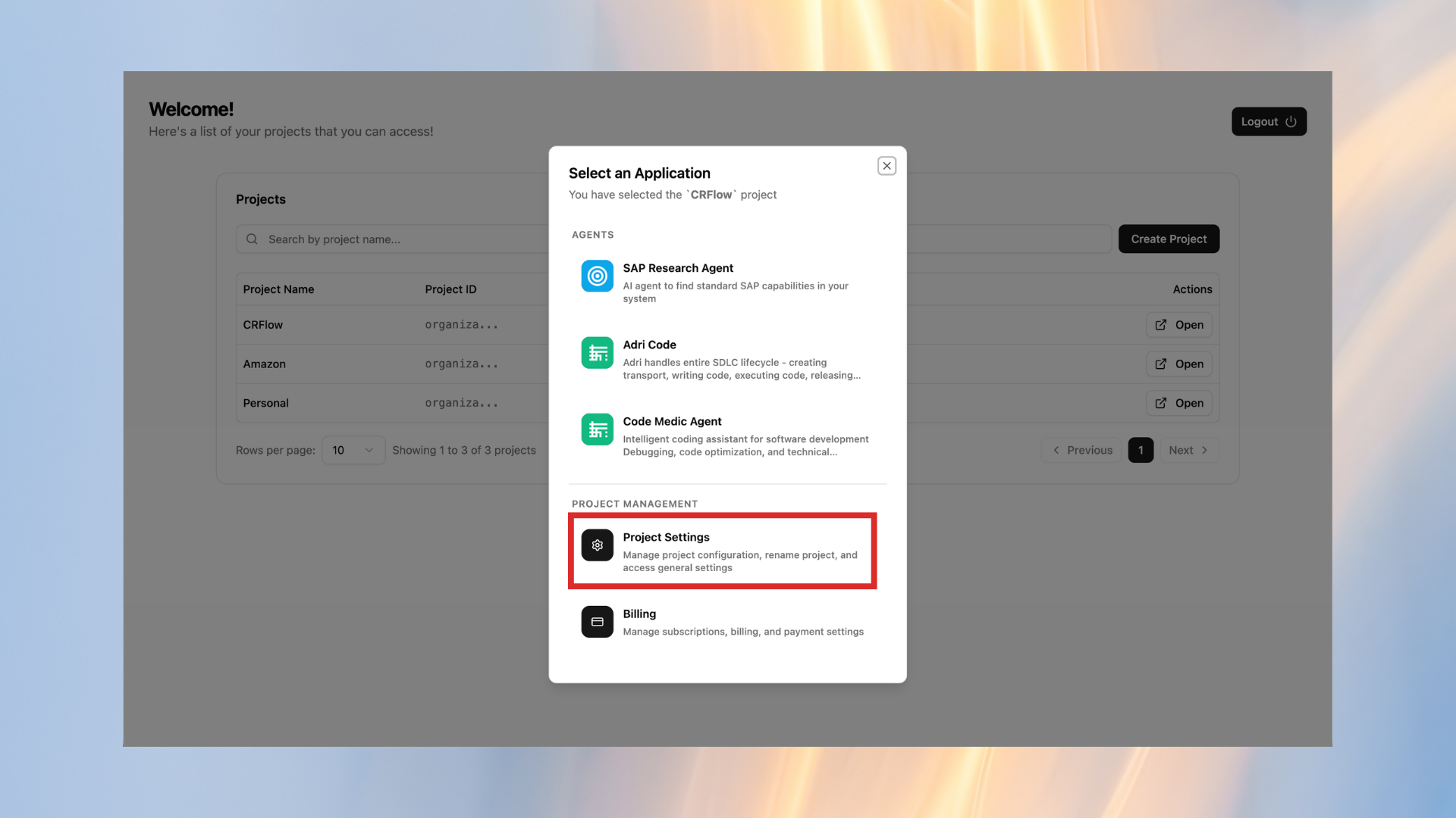 Select Project Settings in the app picker