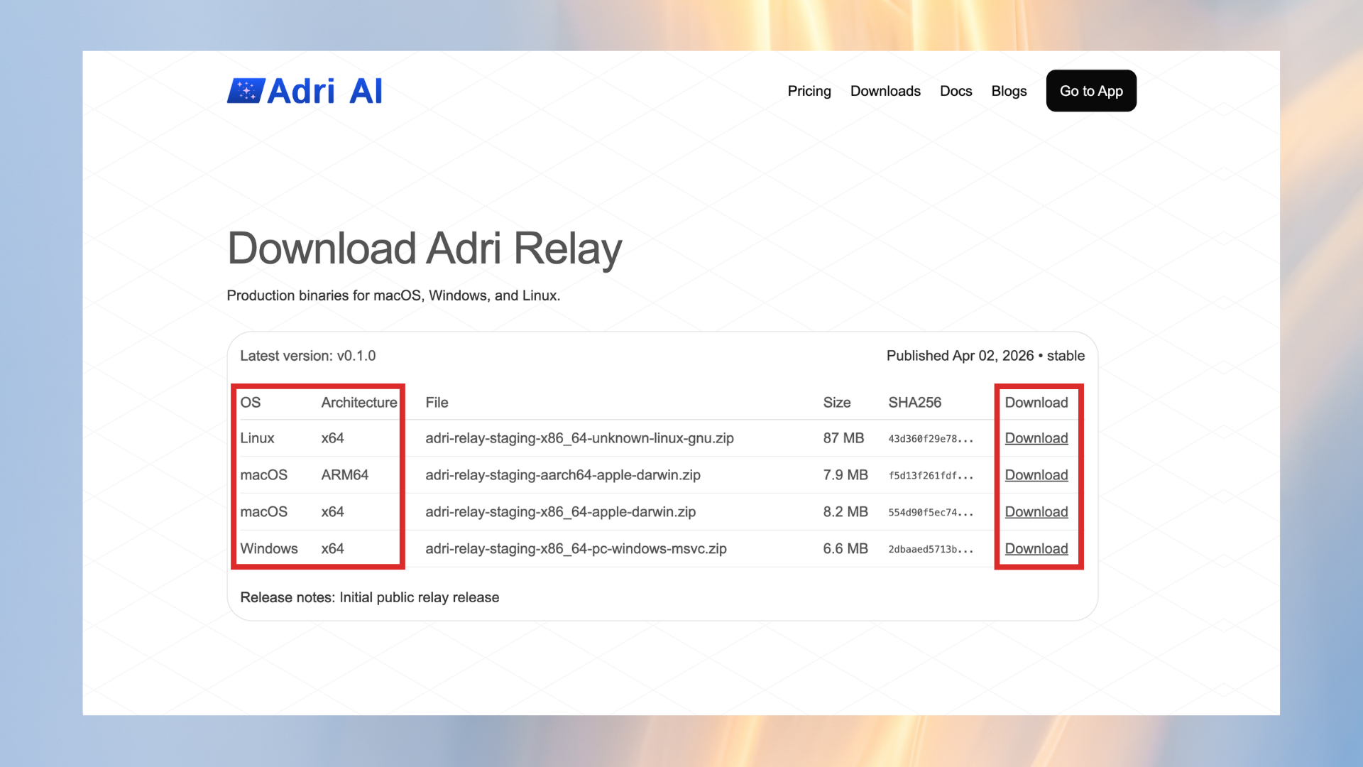 Choose your OS and download Adri Relay