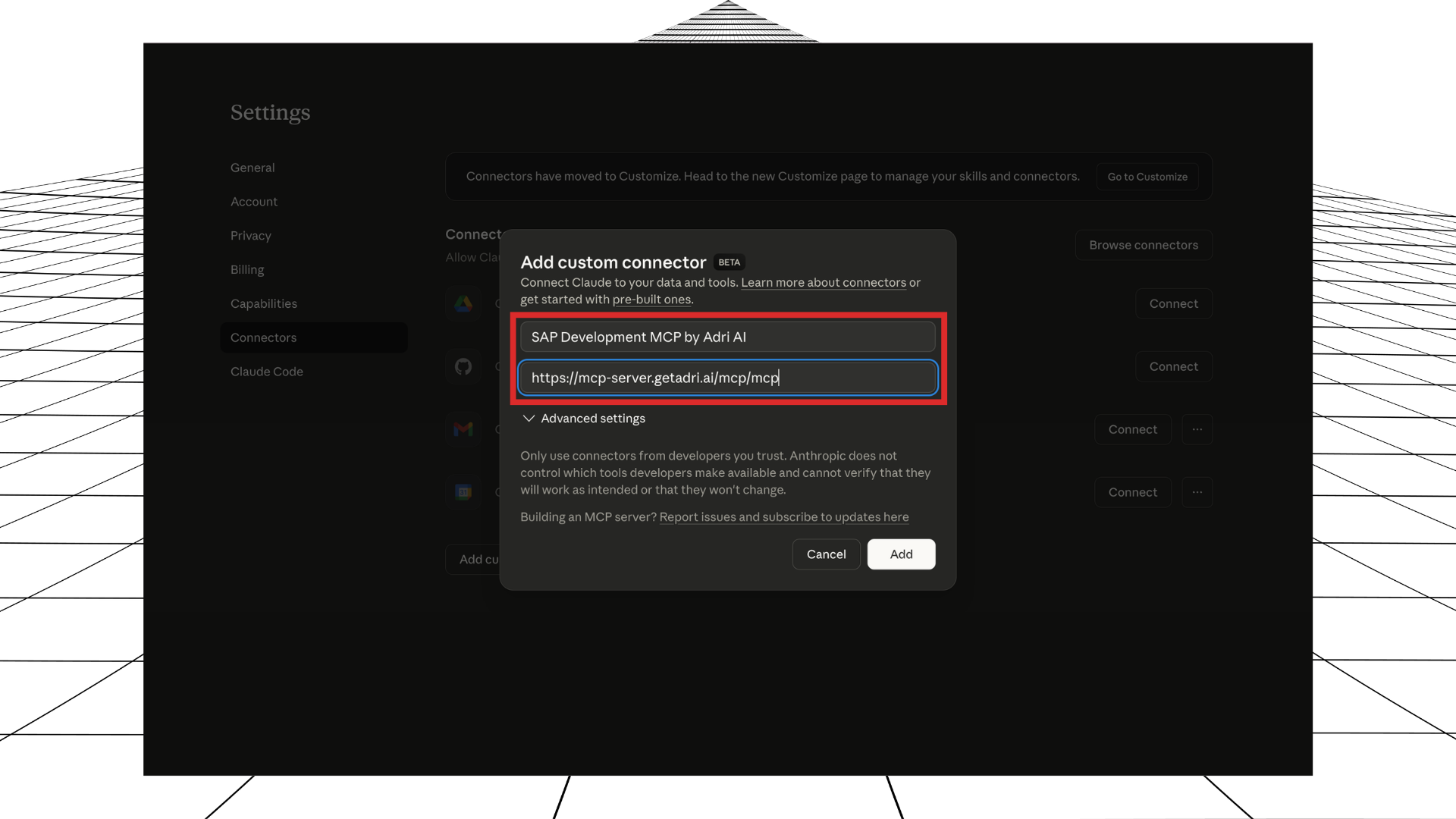Enter connector name and URL