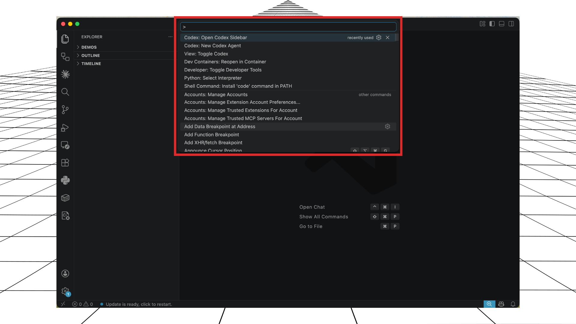 Search for Codex command in the VS Code command palette