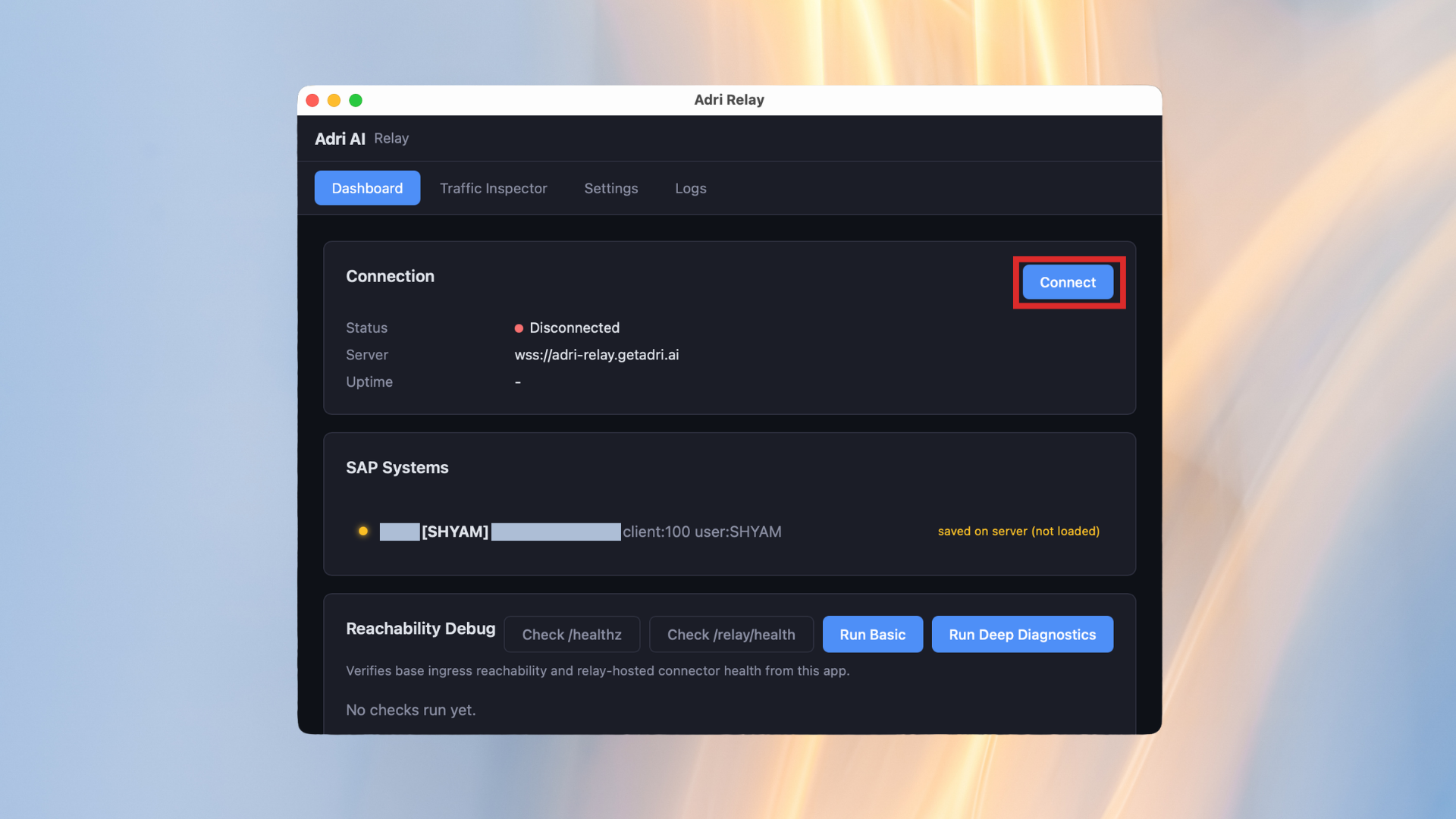 Click Connect in Dashboard after importing the additional project