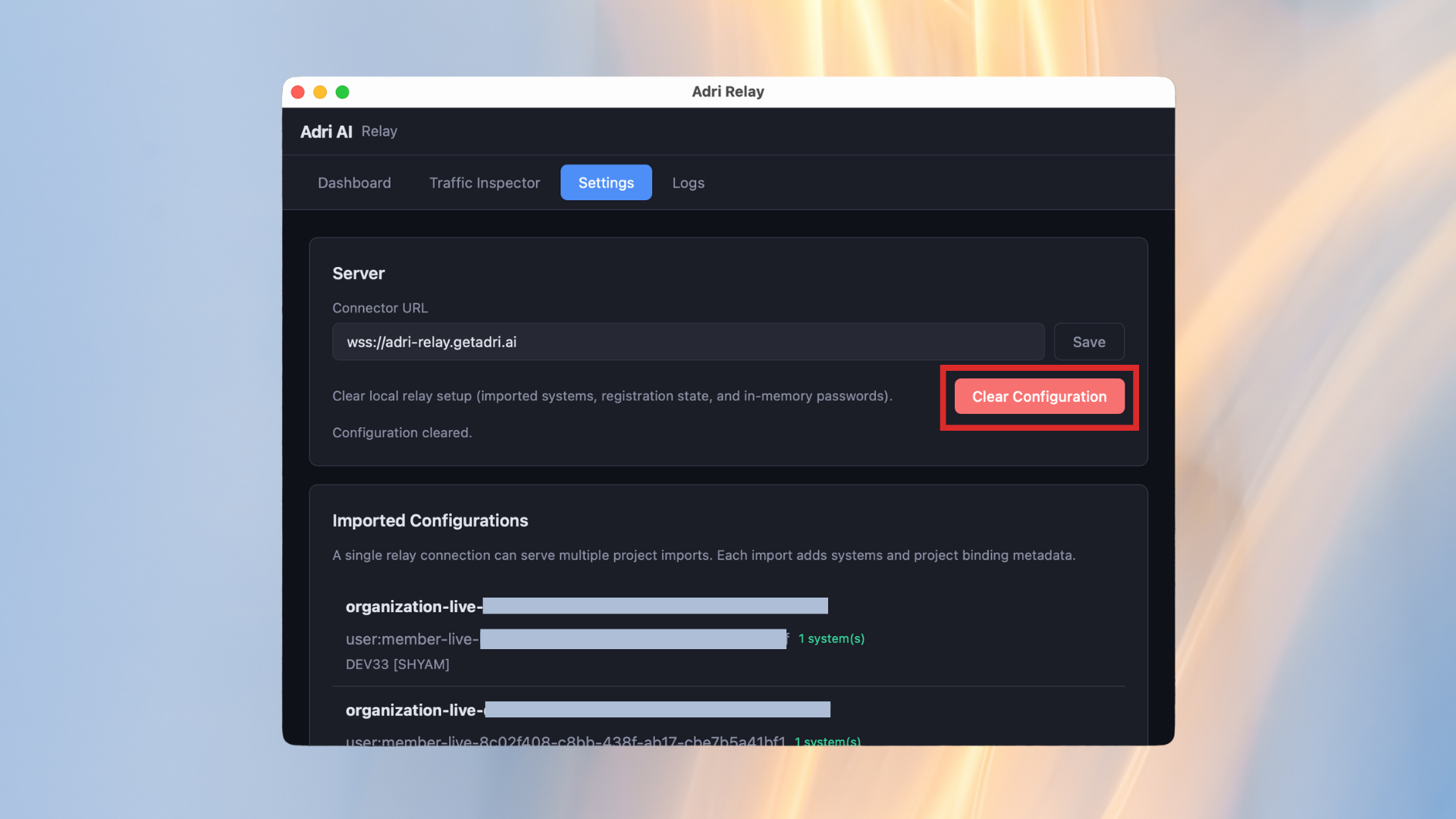 Clear old relay configuration in Adri Relay settings