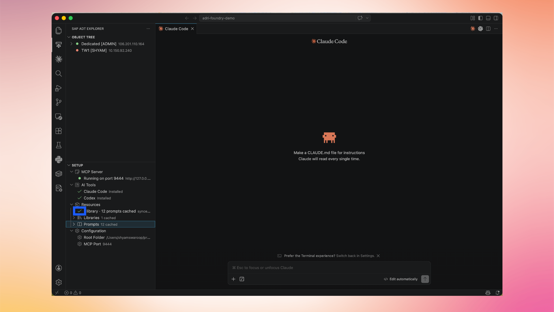 Resources section showing Libraries and Prompts