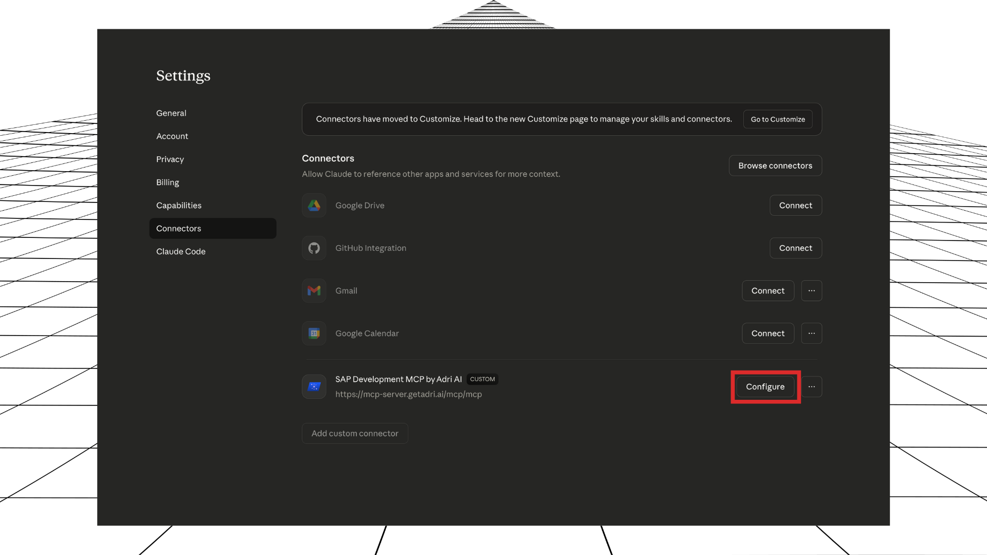 Click Configure for the Adri connector