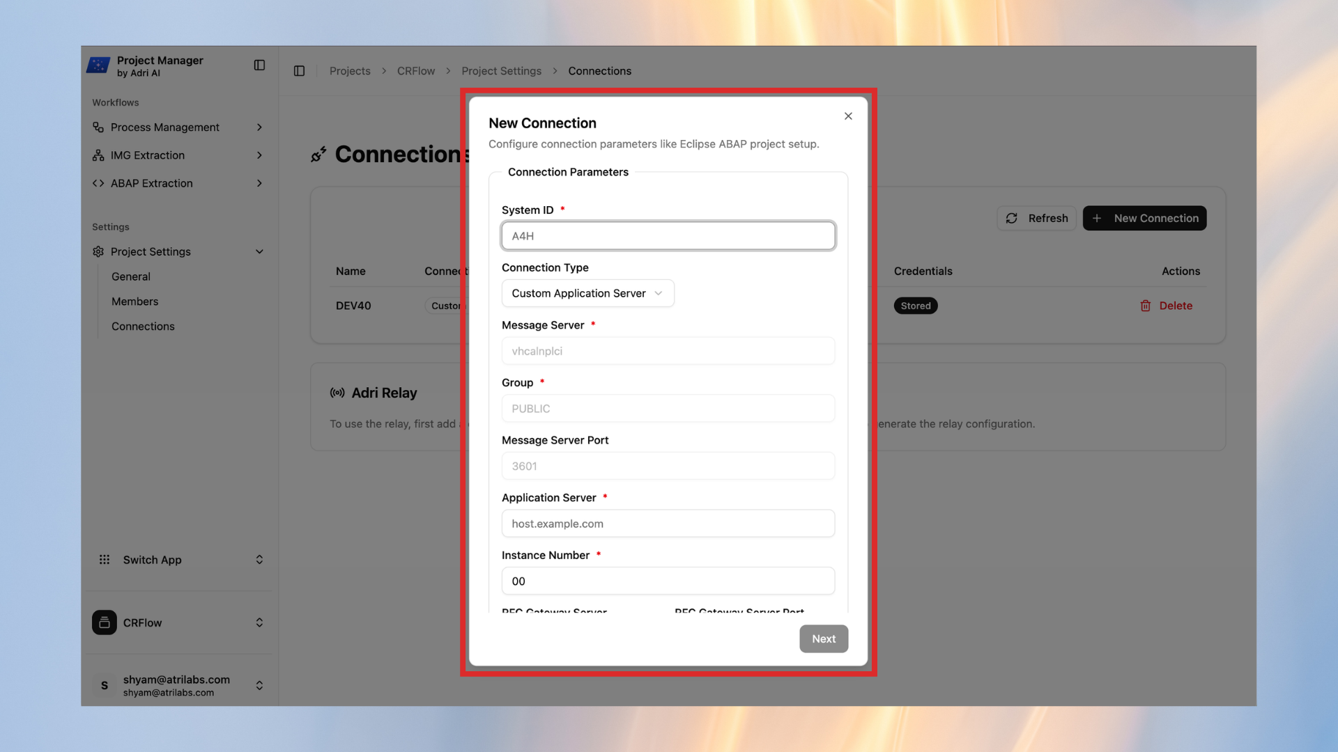 Enter SAP technical connection details