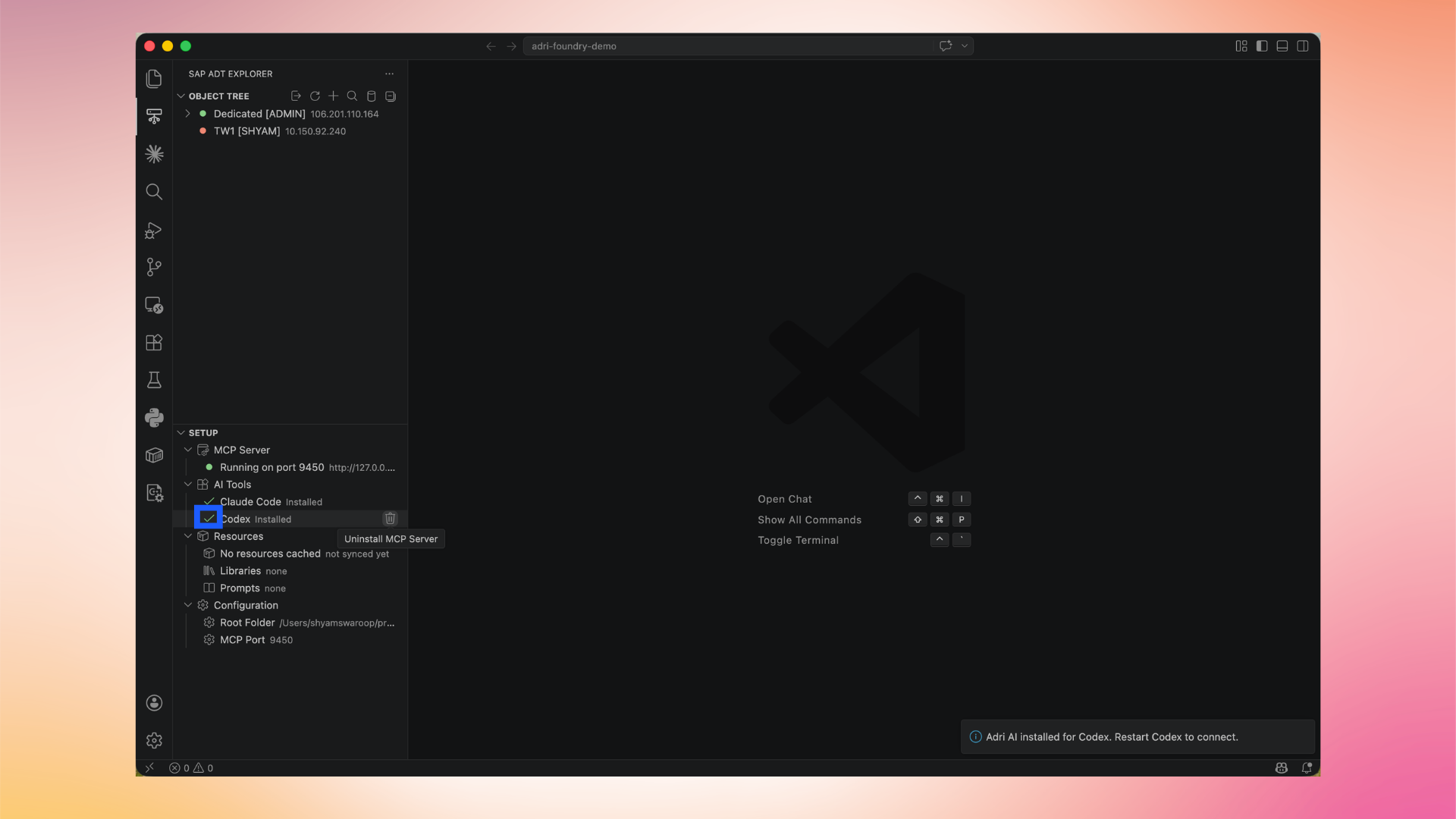 Codex marked Installed with a restart prompt