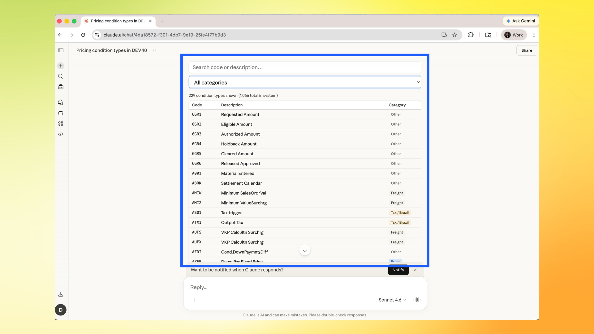 Configuration result returned in structured table view