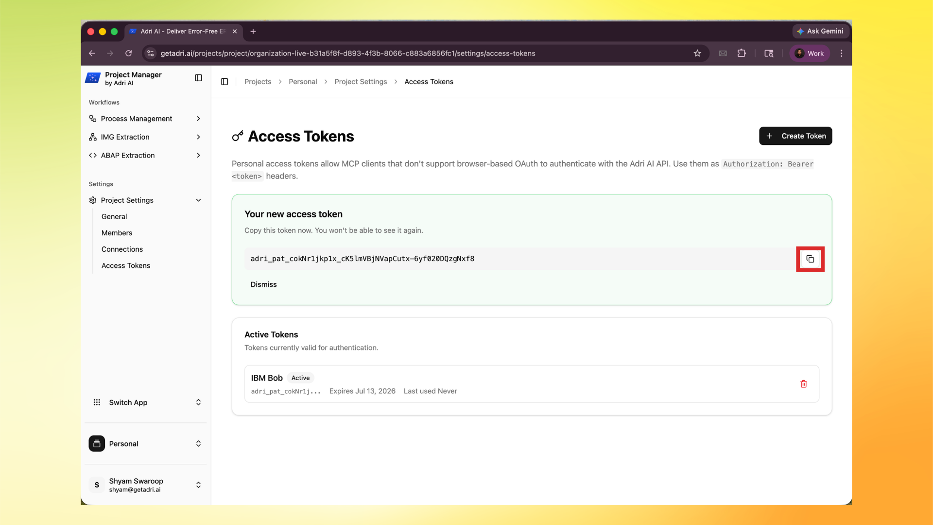 Copy the generated token