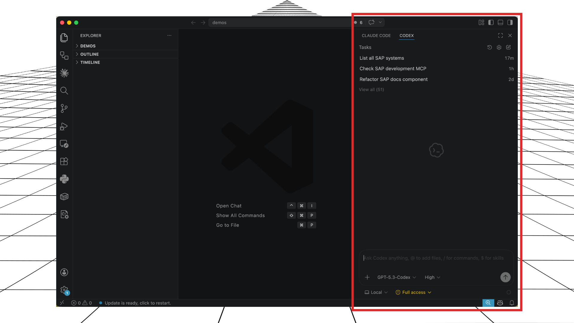 Codex panel opened in the right sidebar