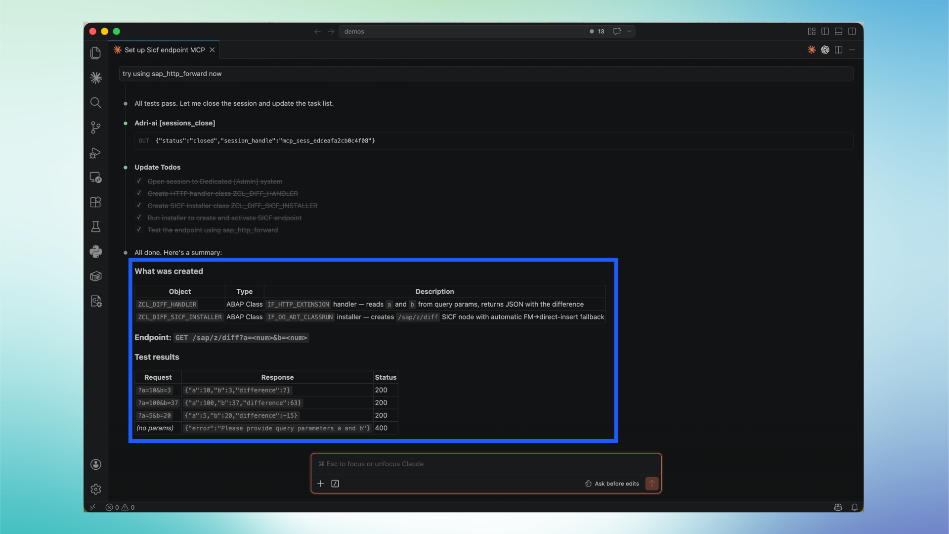 Review created objects, endpoint path, and test results