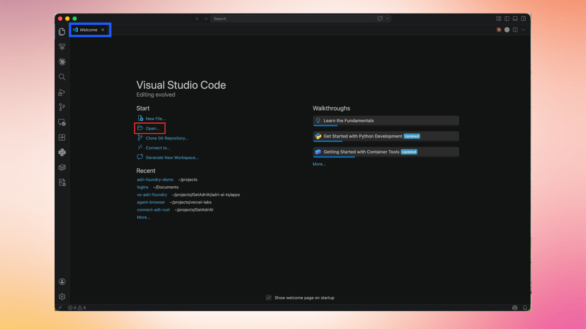 Click Open on the Welcome tab