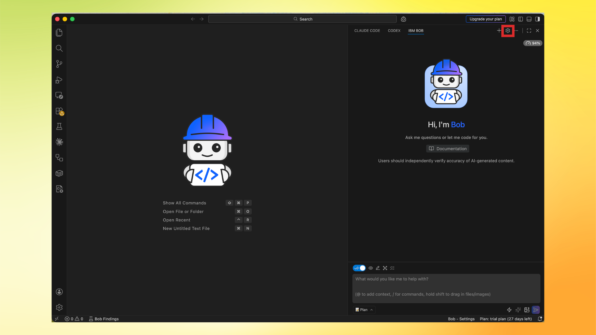 Open IBM Bob settings