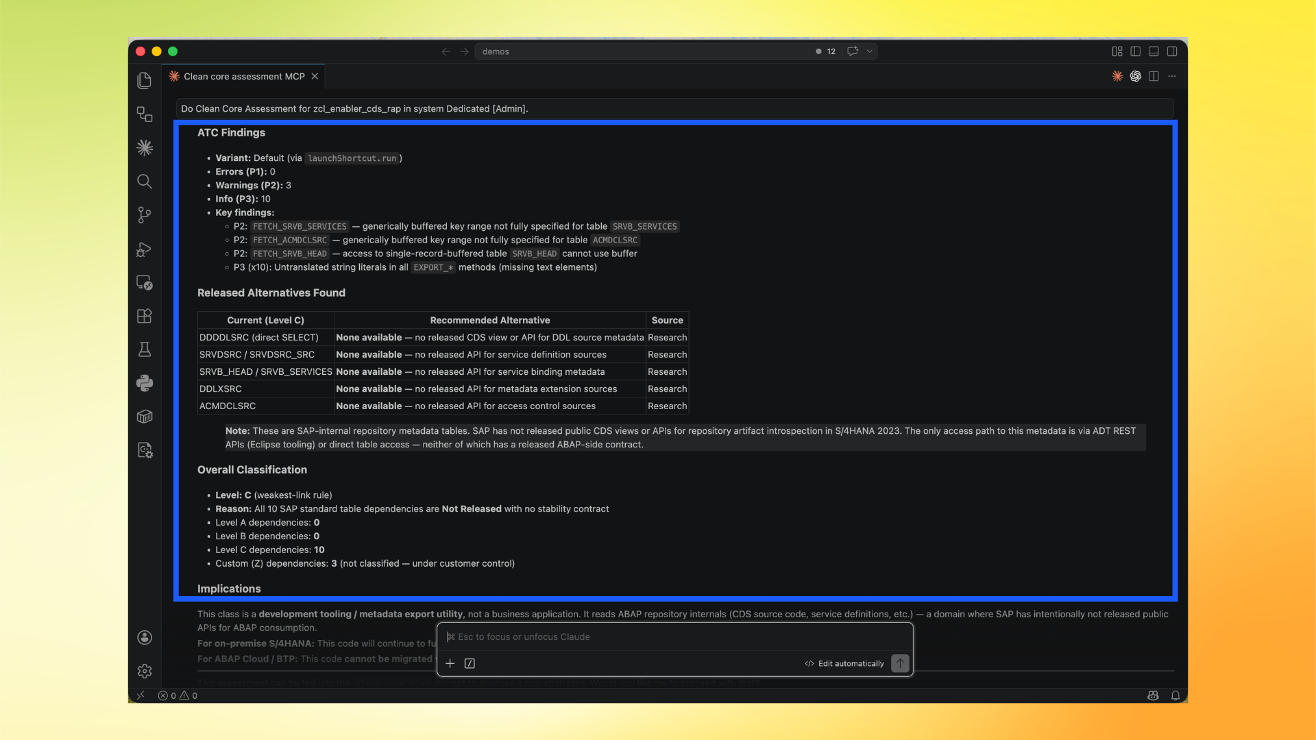 Assessment output: ATC findings and overall classification
