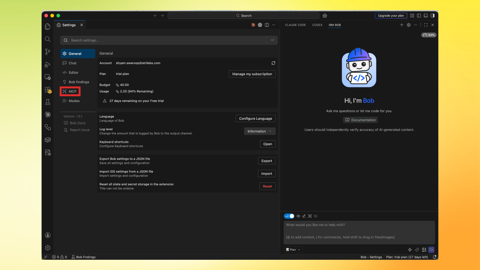 Go to MCP settings in IBM Bob