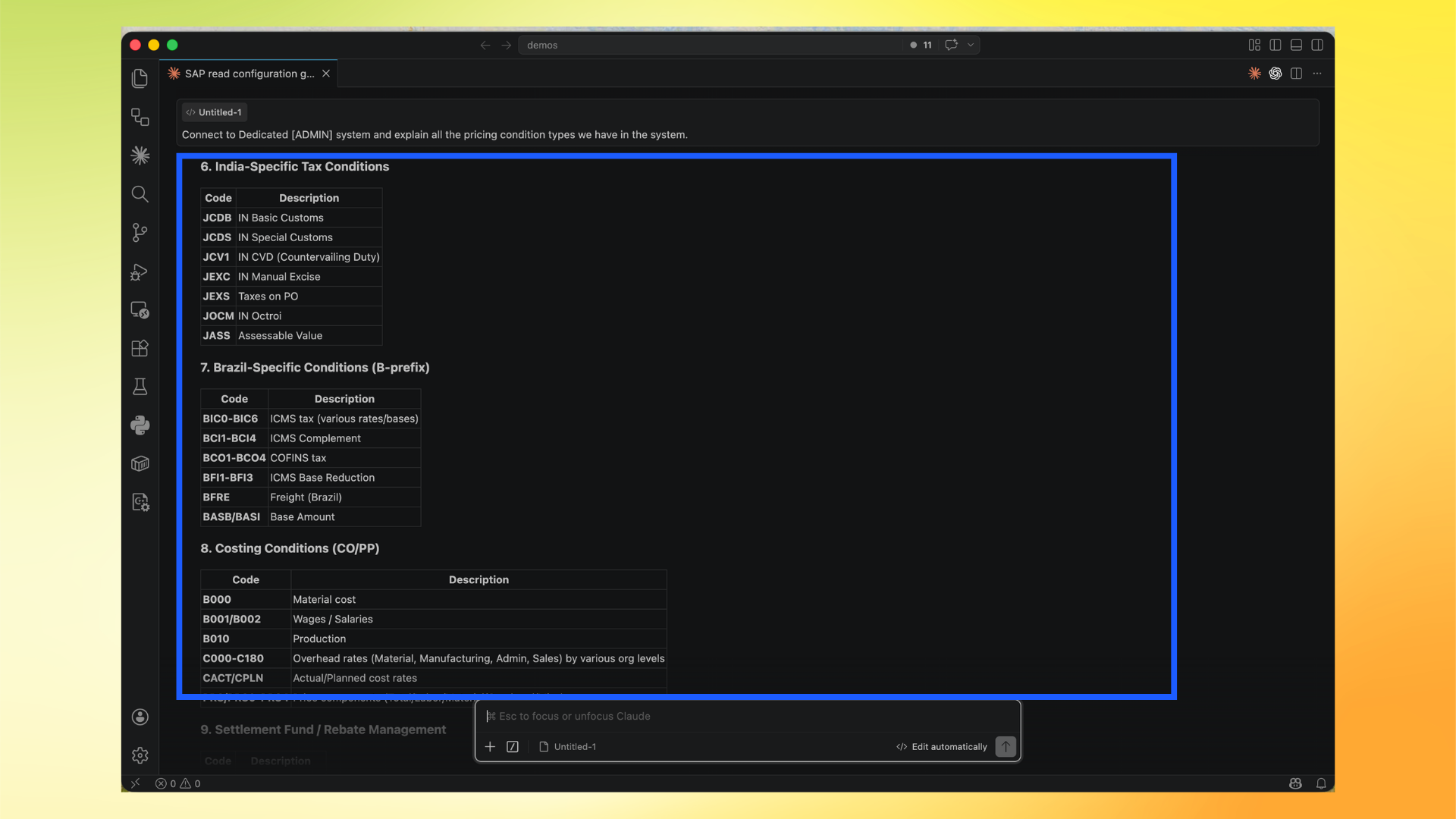 Country and costing condition sections