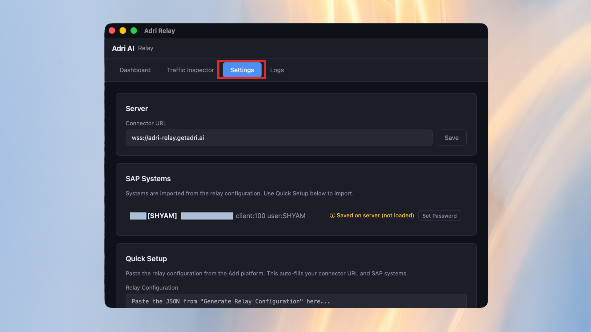 Open Settings in Adri Relay