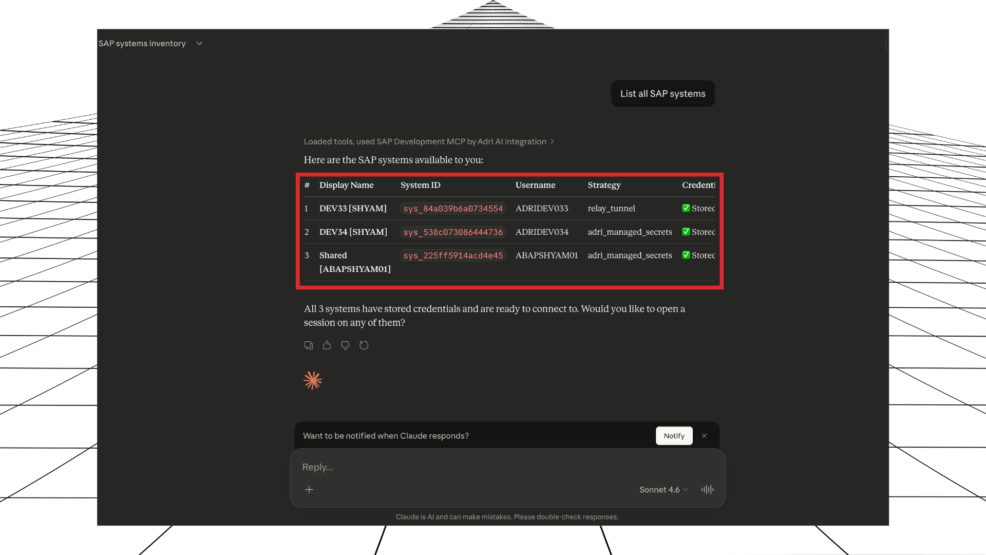 Verify SAP systems response