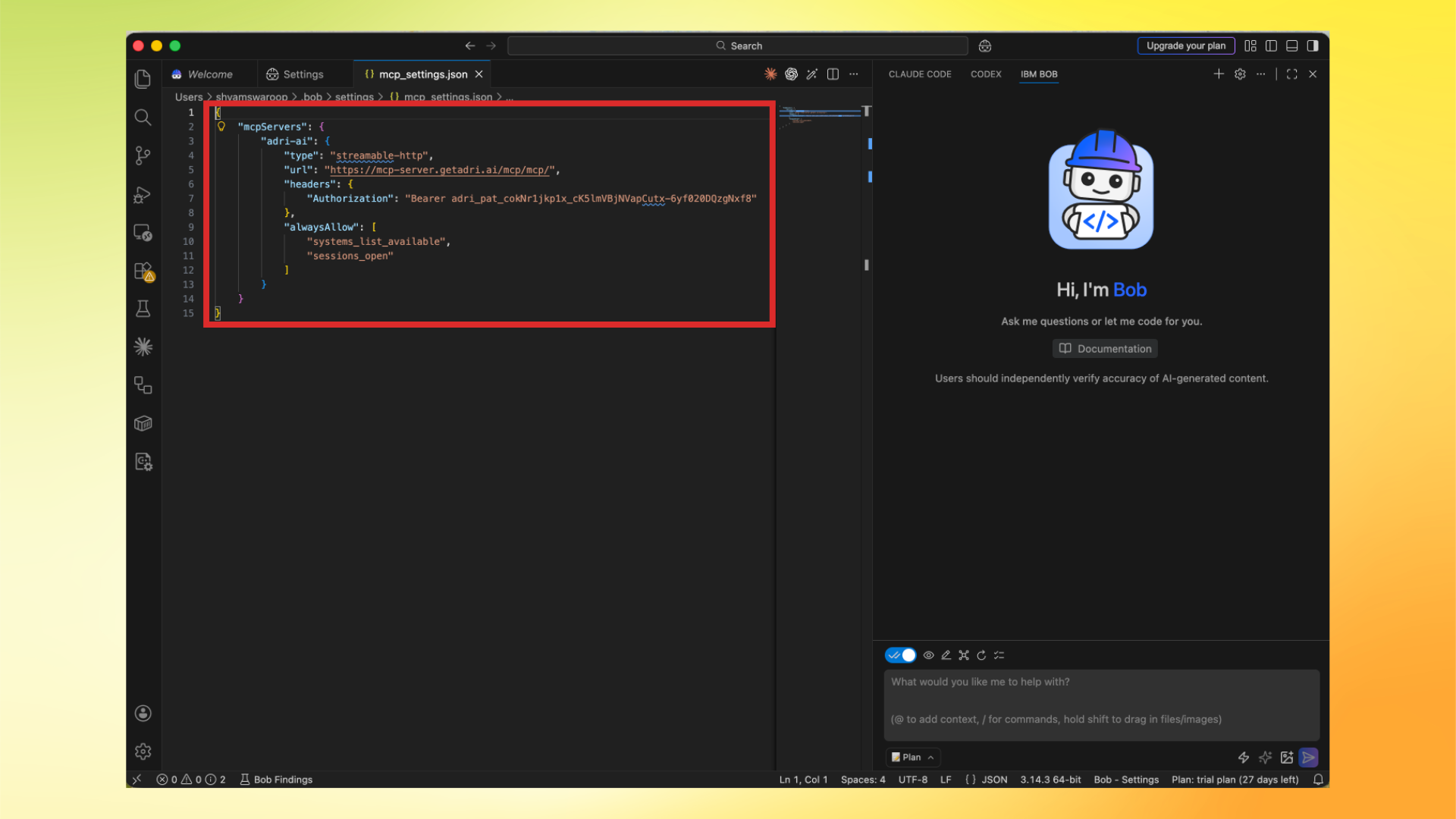 Paste Adri MCP config in mcp_settings.json