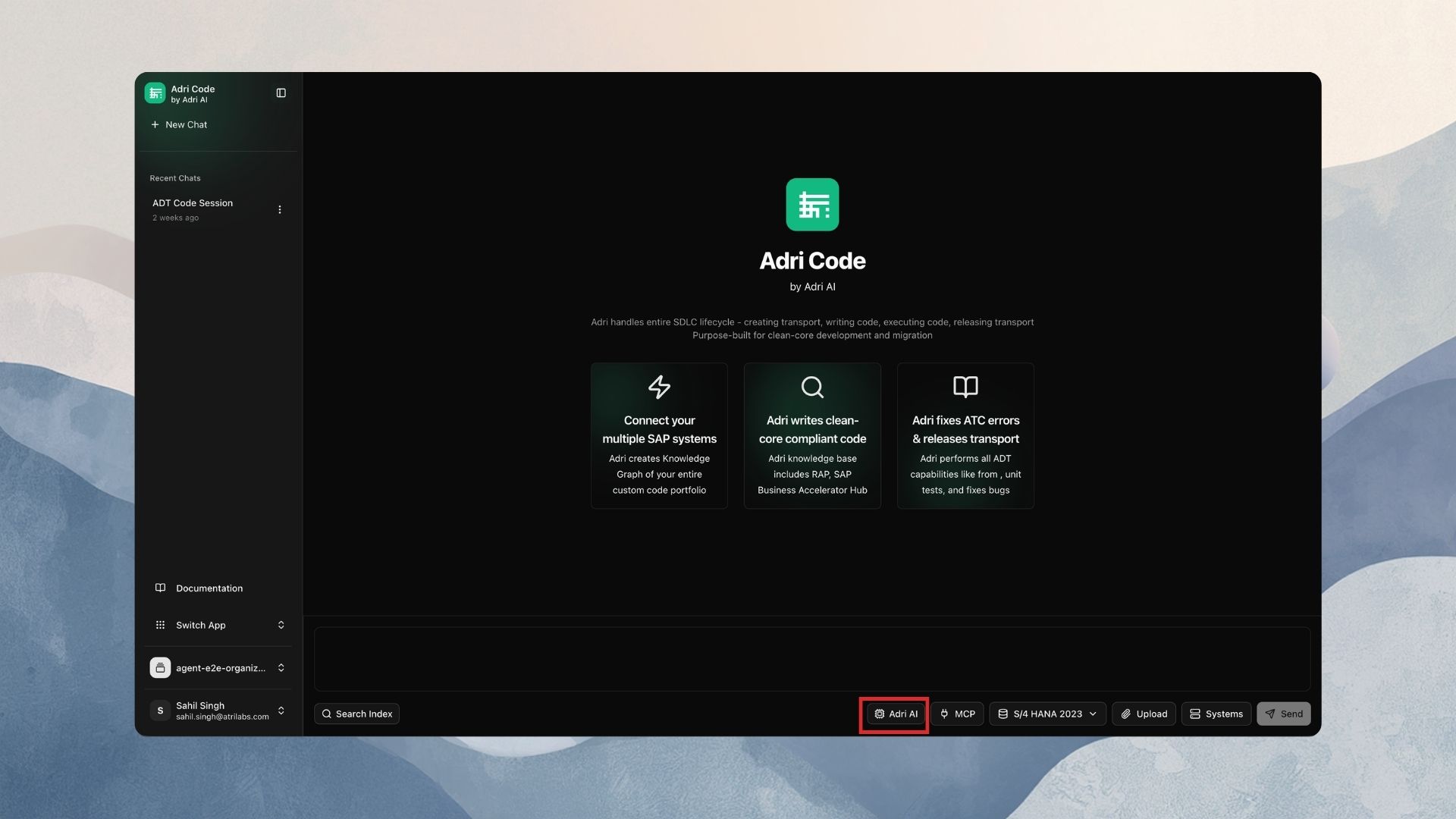 The Adri AI model picker button in the composer
