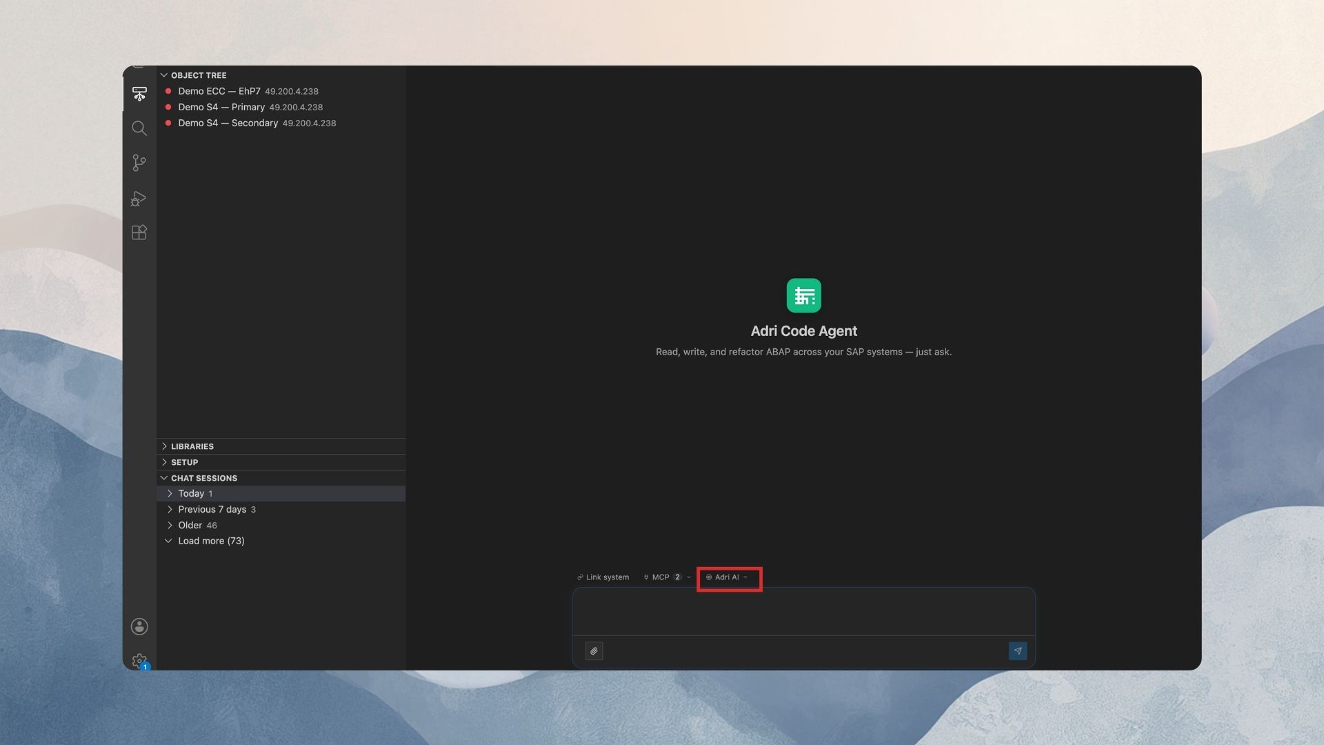 The Adri AI model pill in the VS Code chat composer
