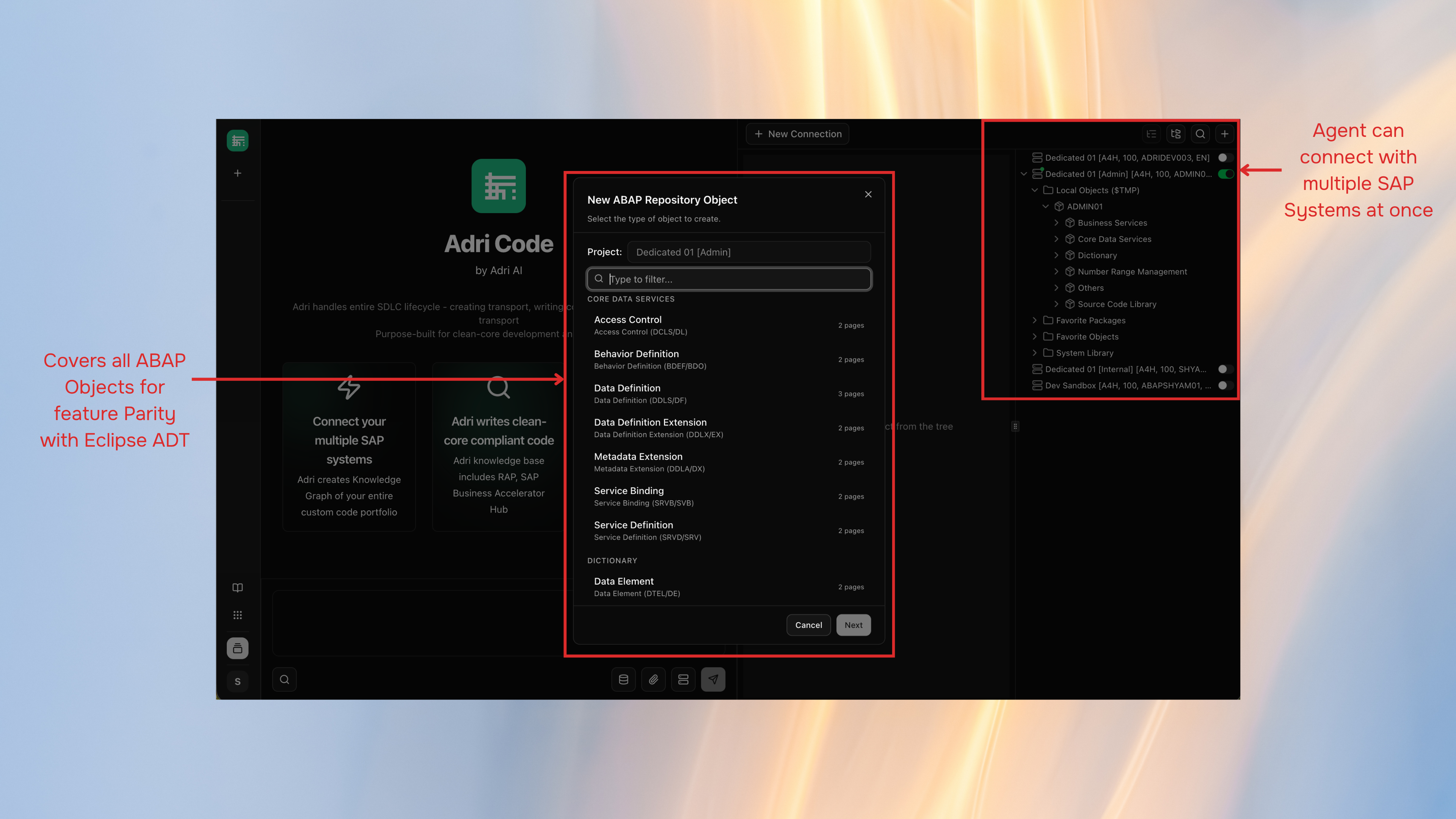Adri Code Agent showing the New ABAP Repository Object dialog with full object type coverage and multiple SAP system connections