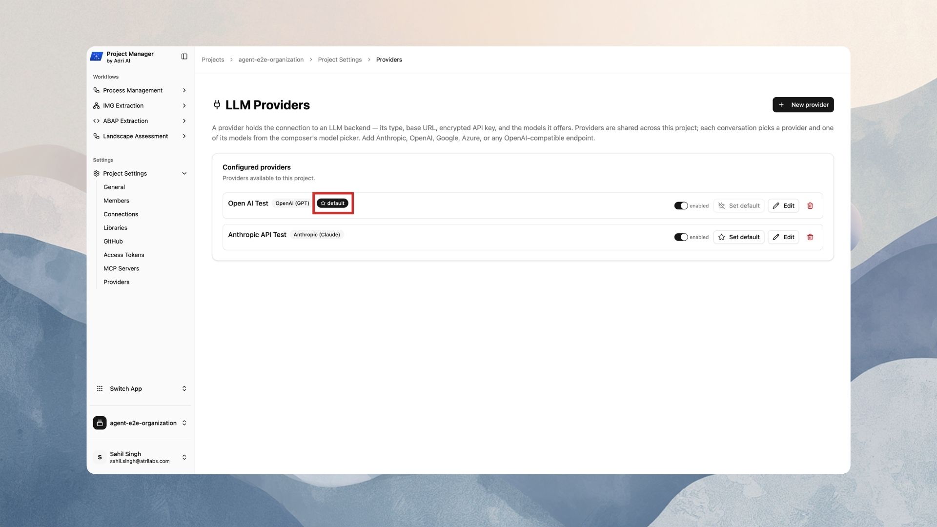 The default badge on the provider row