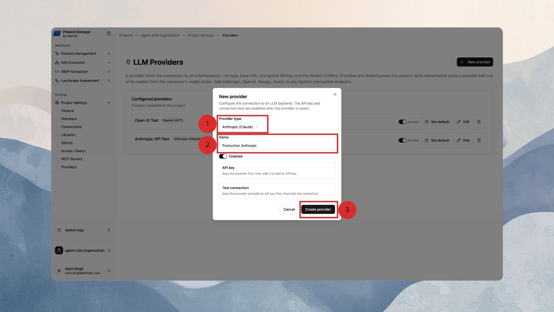 Fill in provider type and name, then click Create provider