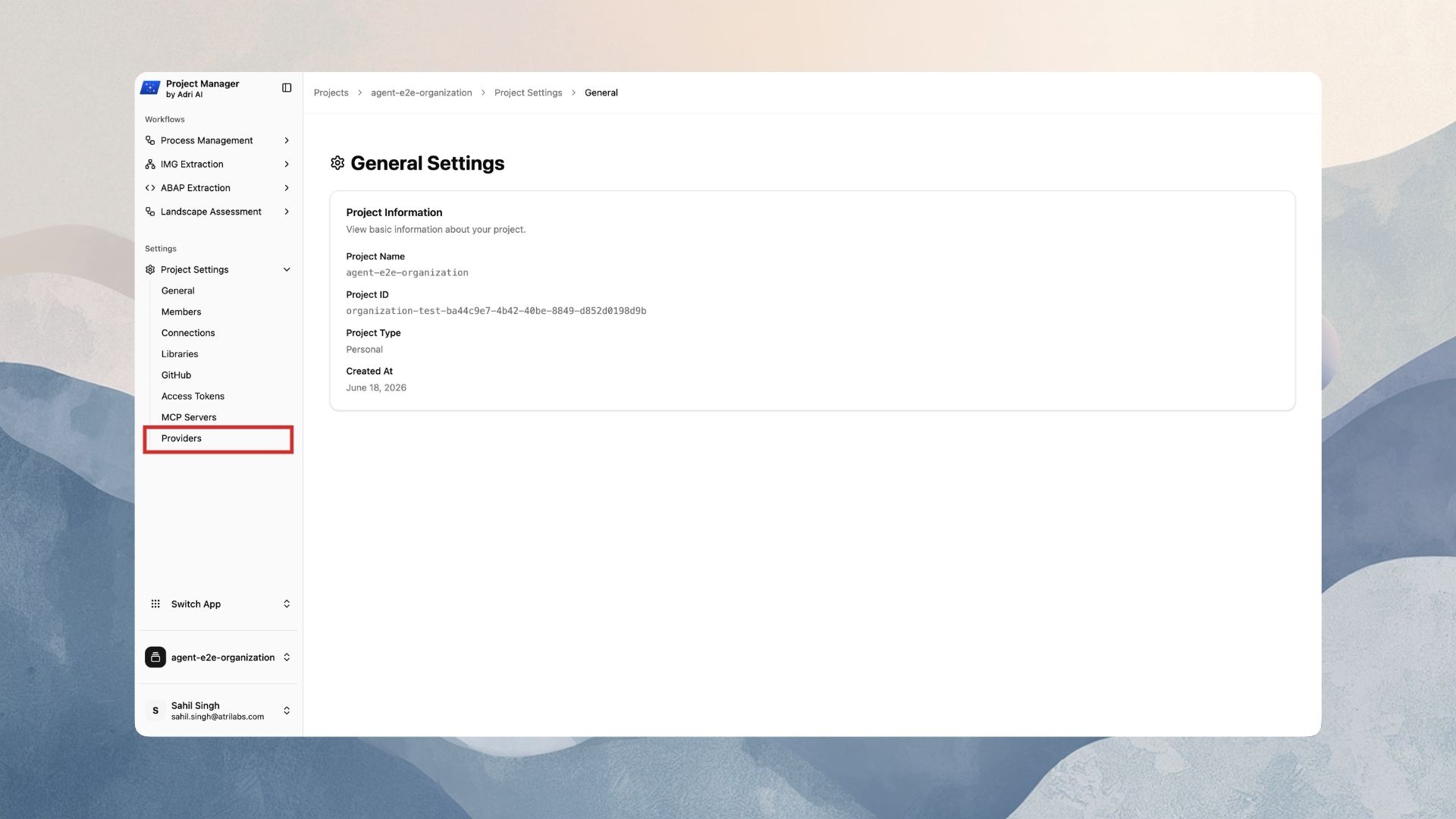 Open Settings → Project Settings → Providers in the sidebar