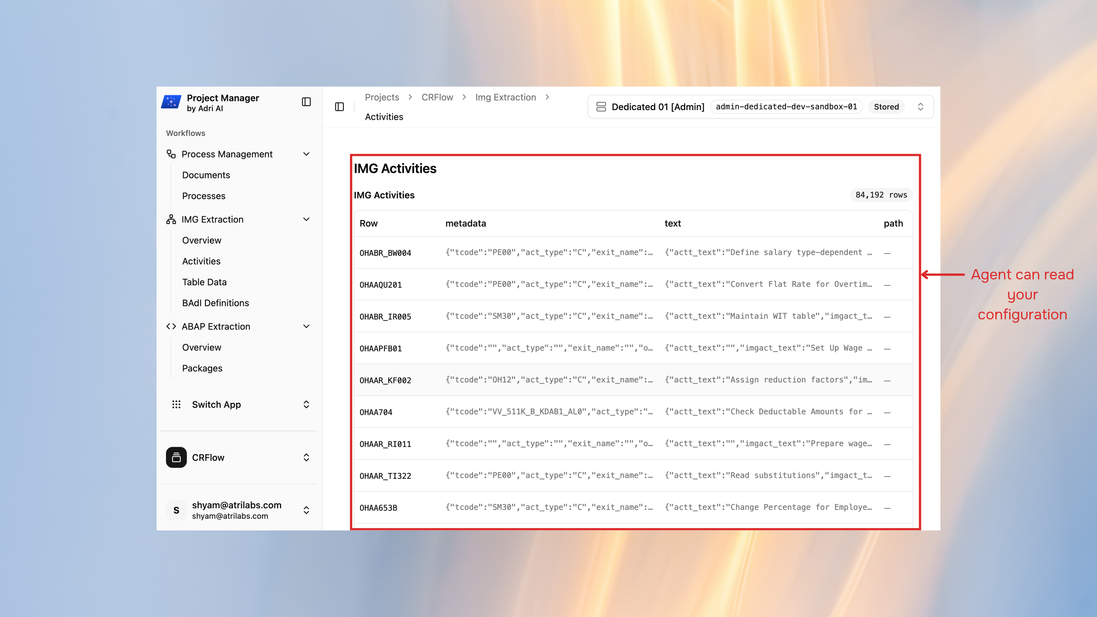 Adri Process Manager showing IMG Activities with 84,192 configuration rows extracted from a connected SAP system