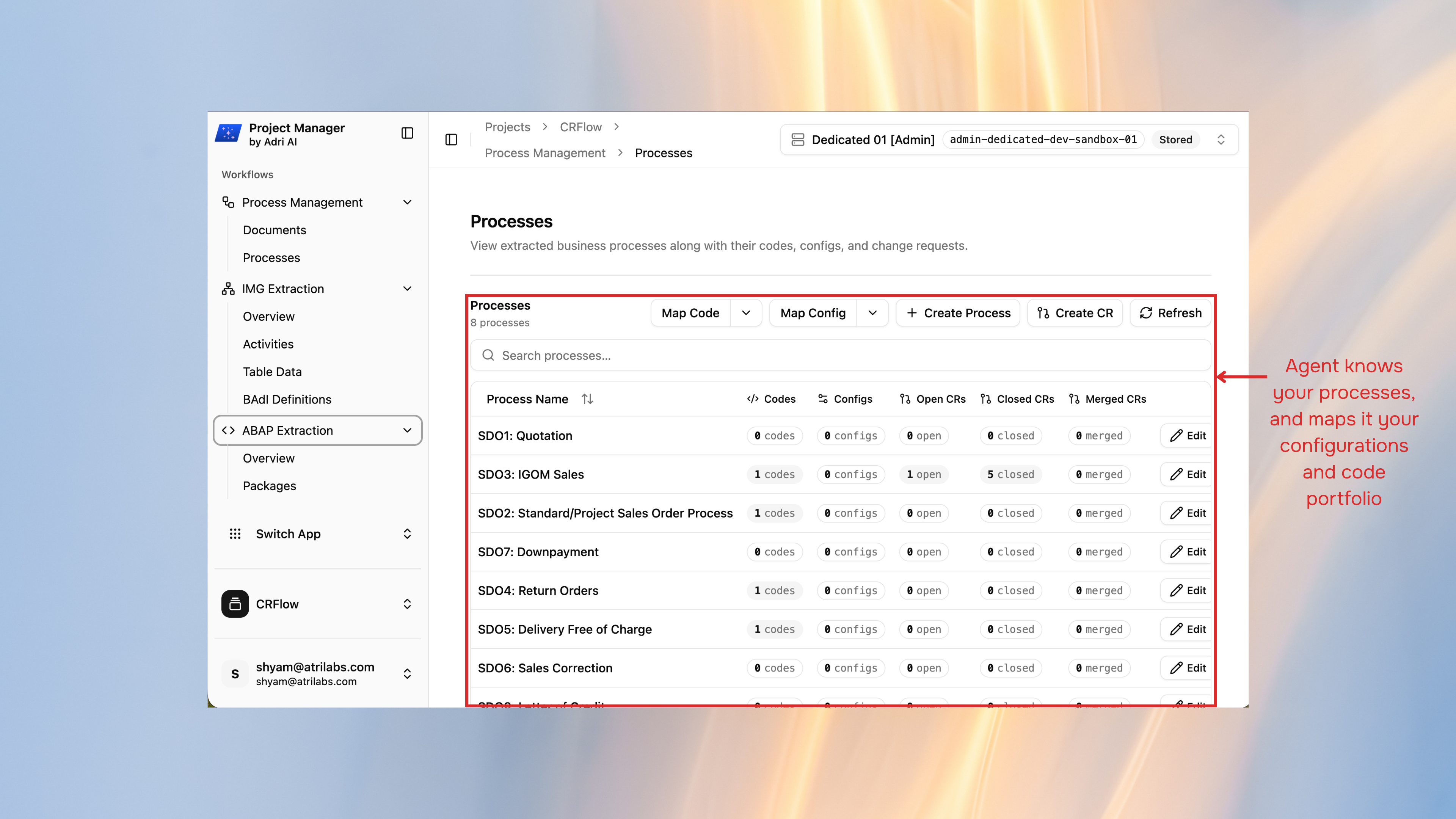 Adri Process Manager showing business processes mapped to T-codes, configurations, and change requests