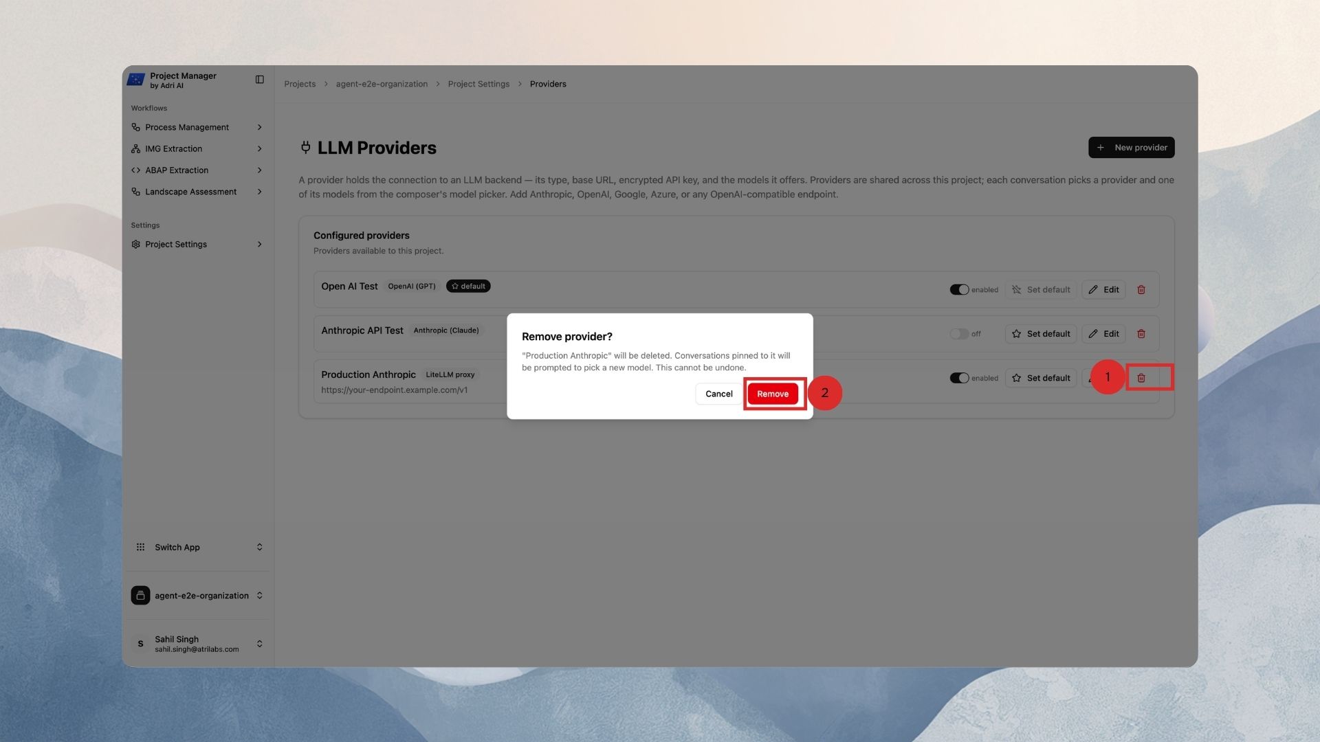 The Remove provider confirmation dialog