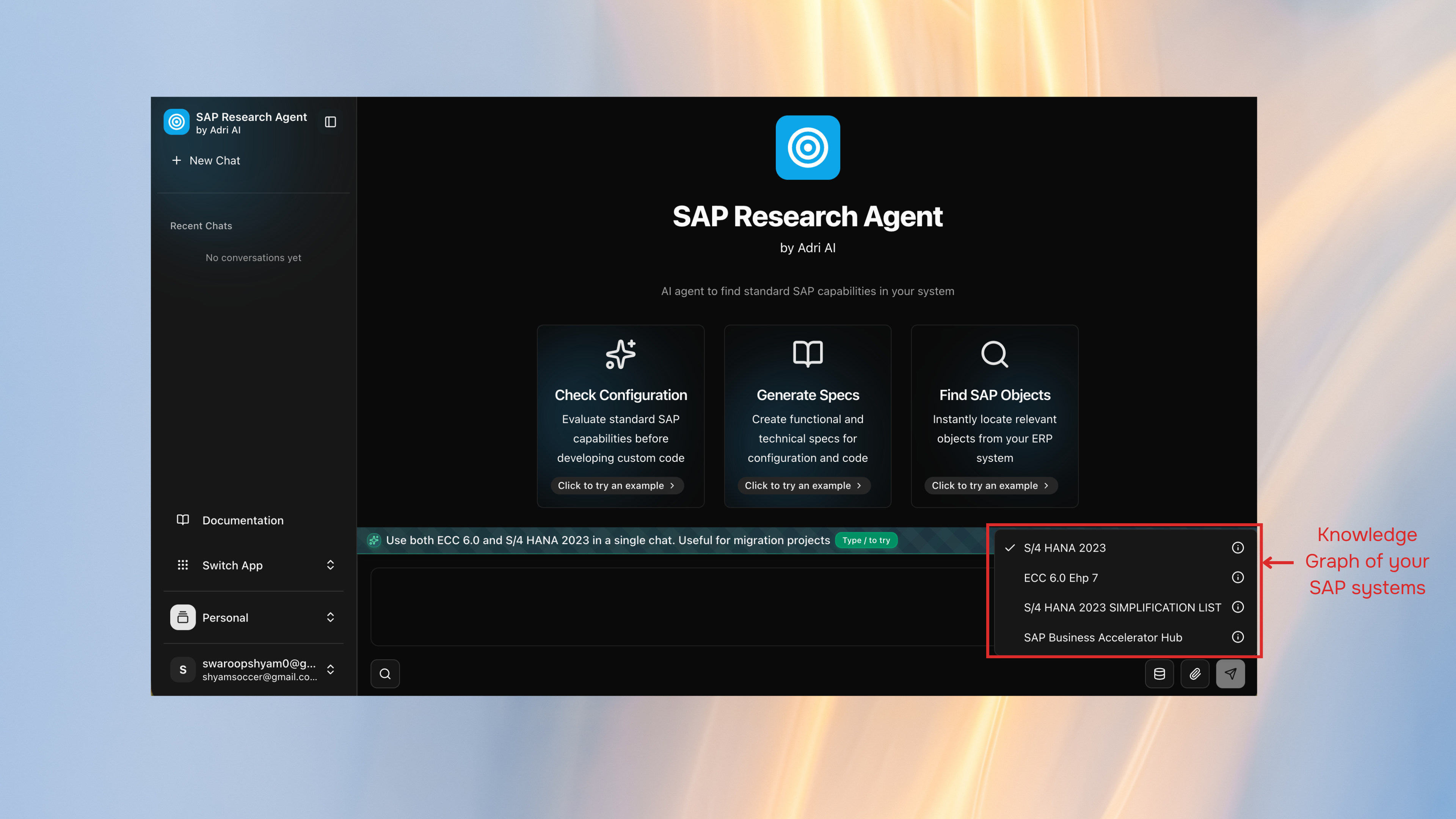 Adri Research Agent showing the knowledge graph selector with connected SAP systems including S/4 HANA 2023 and ECC 6.0 EHP 7