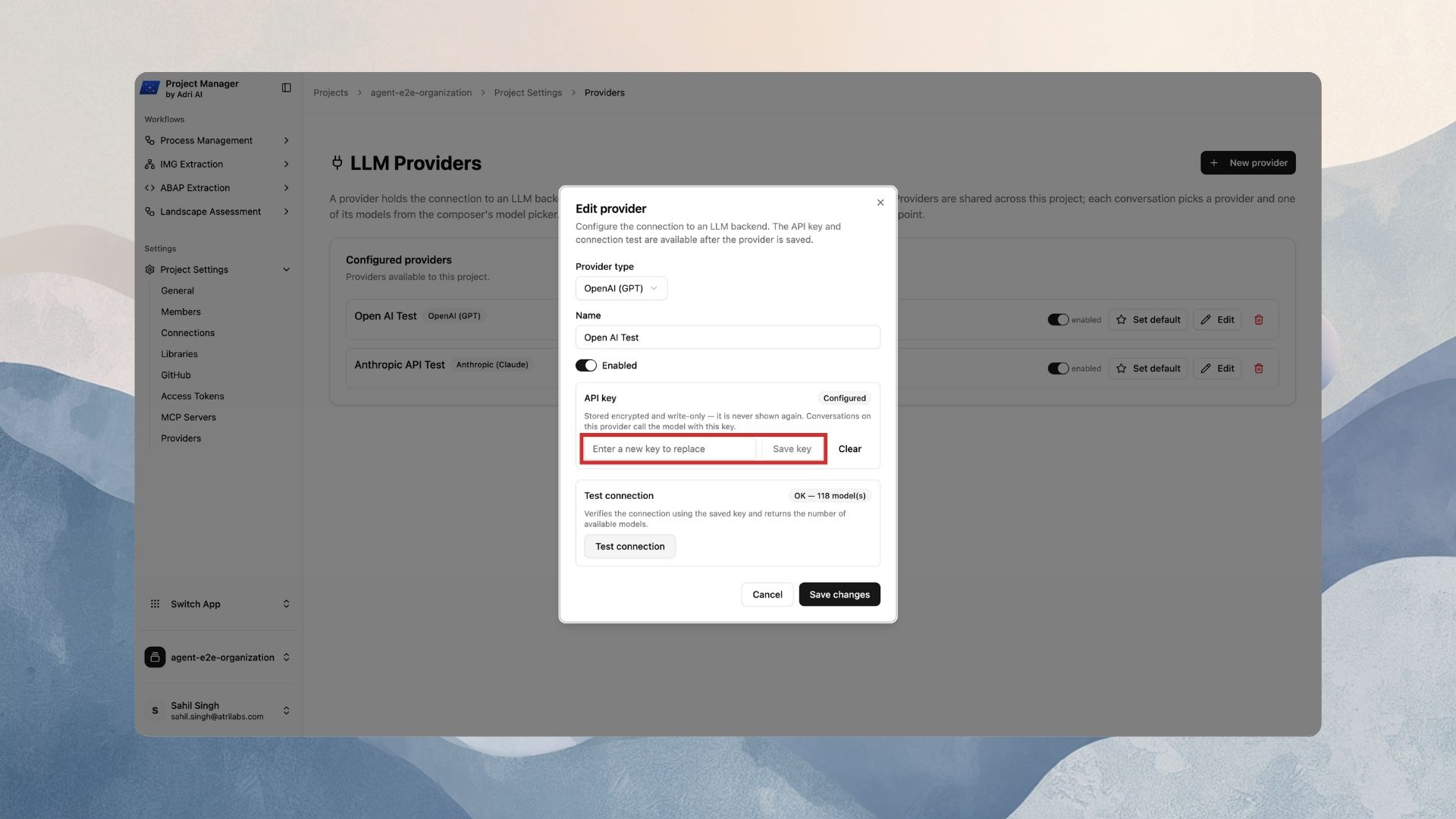 Paste the API key and click Save key