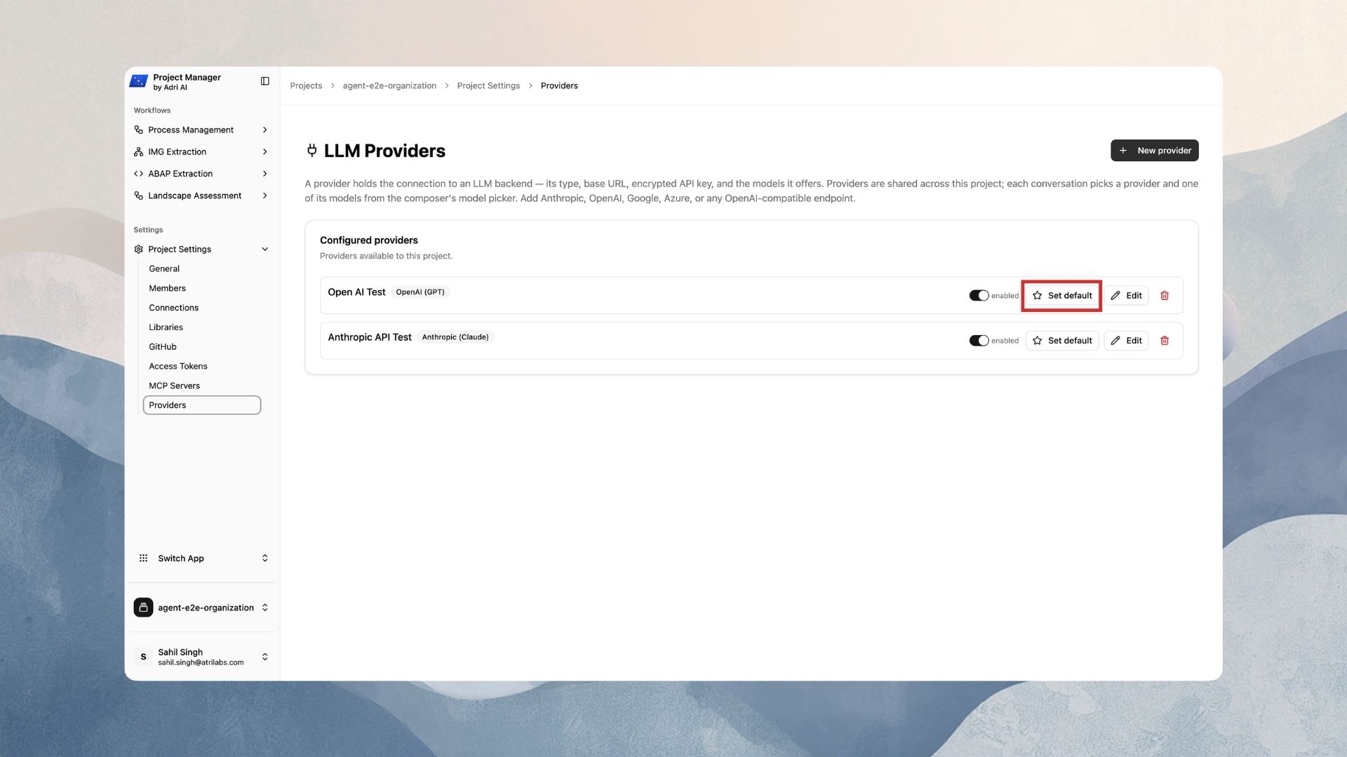 Click Set default on the provider row