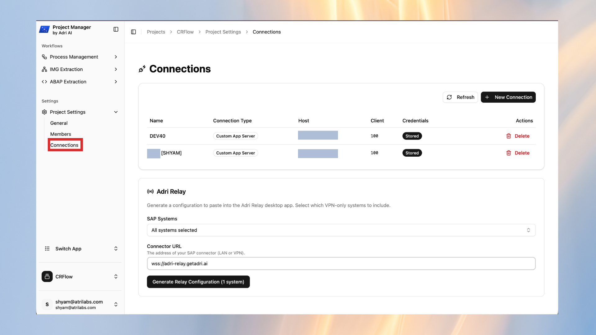 Open Connections in Project Settings